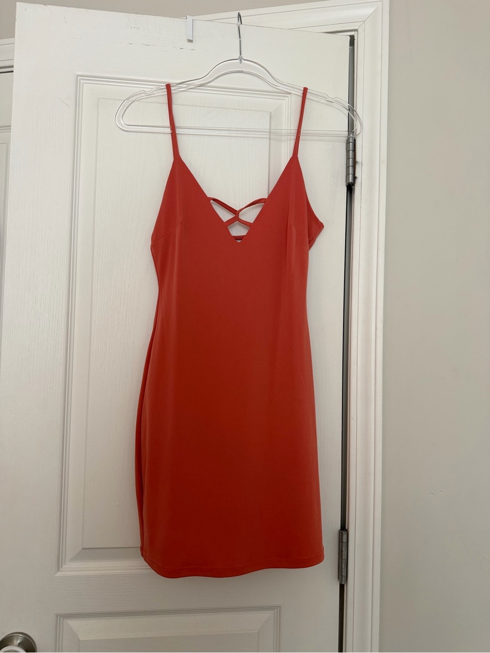 NWT Wishful Thinking orange mini dress with criss-cross back detail, size ~S